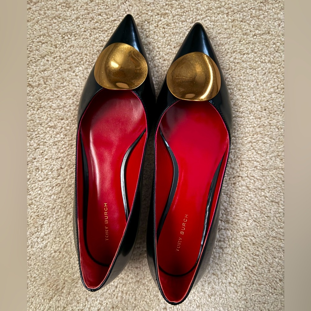 Worn once Tory Burch Patos Black Leather flats with “ancient gold” accent